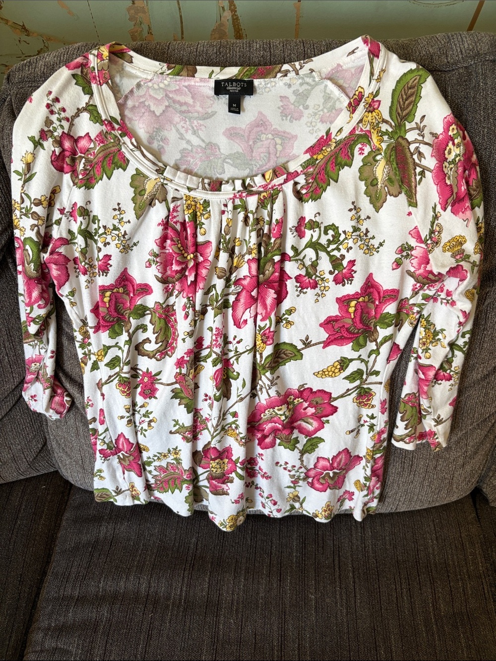 Talbots White Scoop Neck Blouse with Pink Floral Print